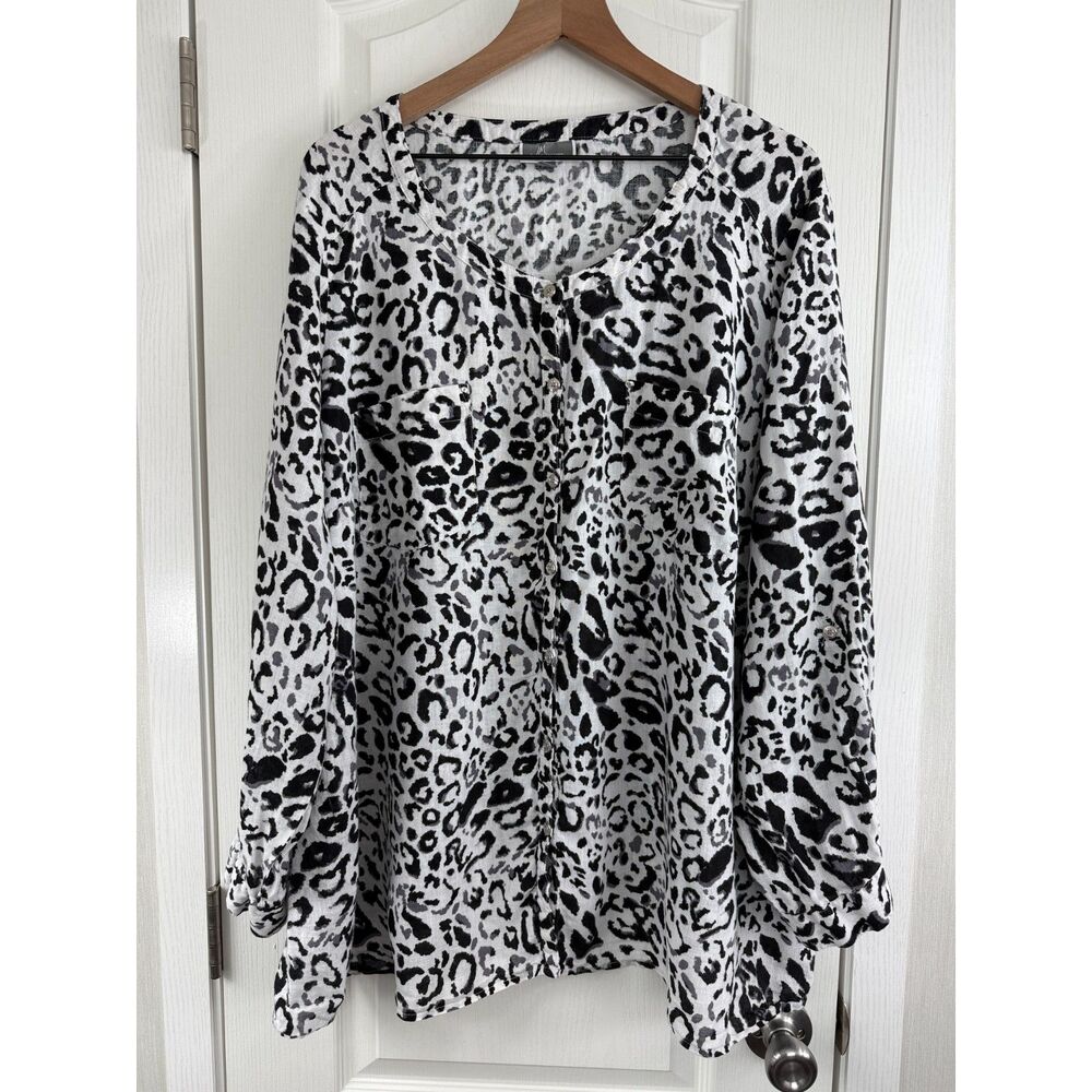 JM Collection Women's Leopard Print Button Front Top Black White Linen Size 24W